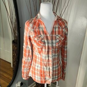 love, Fire Vibrant Orange and Gray Plaid Shirt